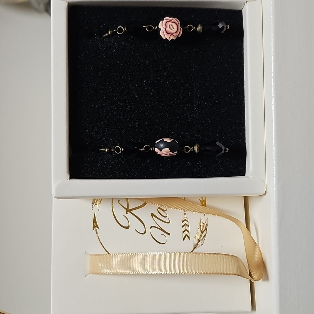 Artisan Black and Pink Rose Earrings - Picture 2 of 4